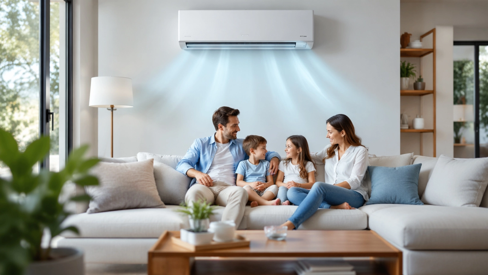 Family relaxes on a sofa beneath a wall-mounted air conditioner